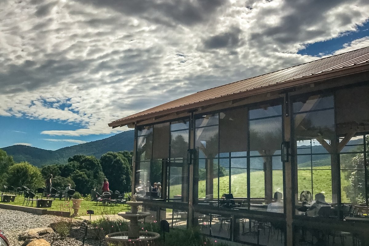 GA-mountains (7) Enclosed glass patio with mountain view at Jumping Goat Coffee and Tasting Room.