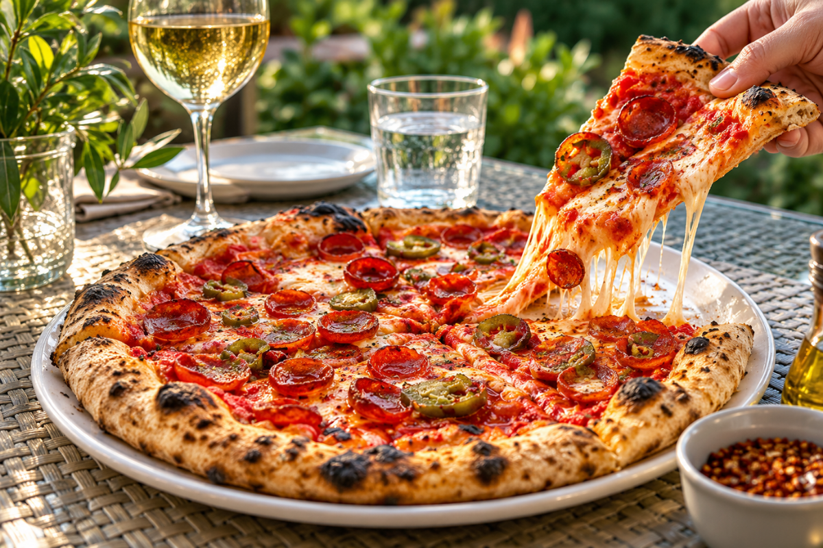 2 hand pulling a slice of wood fired pizza Niagara-on-the-Lake culinary scene