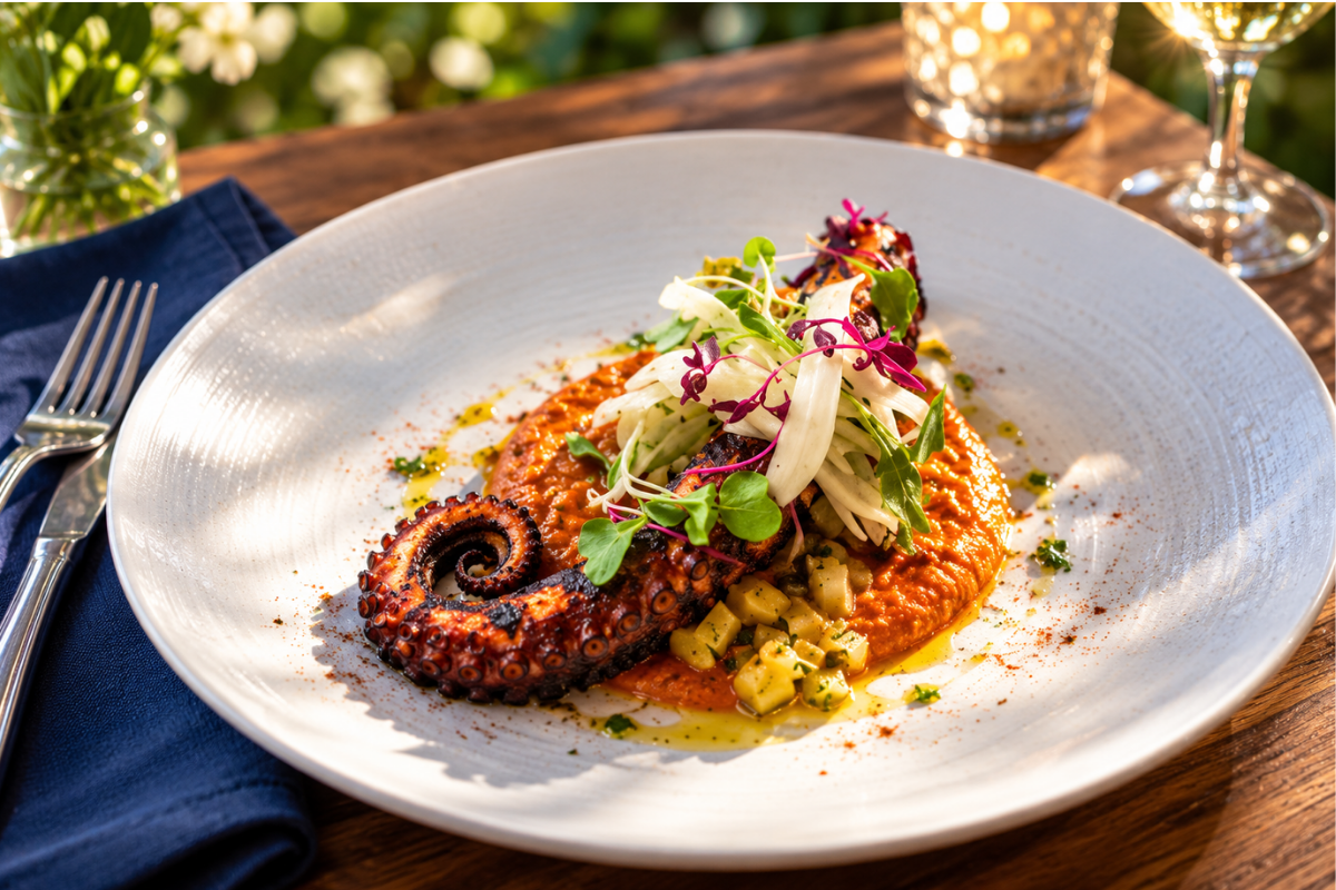 3 close up of grilled octopus on a plate of greens